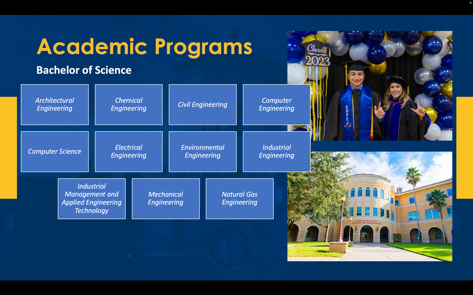 A graphic reads: Academic Programs. Bachelor of Science. Architectural Engineering. Chemical Engineering. Civil Engineering. Computer Engineering. Computer Science. Electrical Engineering. Environmental Engineering. Industrial Engineering. Industrial Management and Applied Engineering Technology. Mechanical Engineering. Natural Gas Engineering.