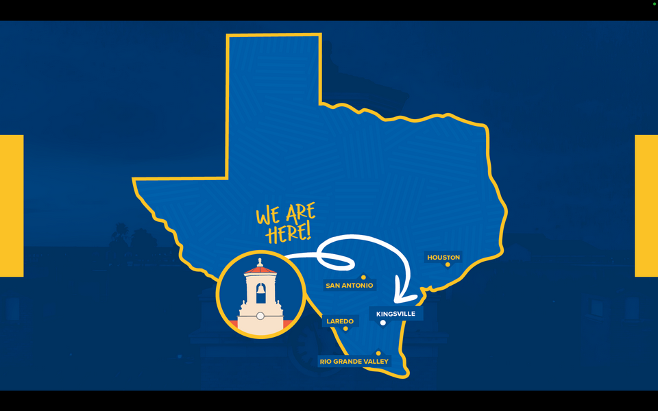 A map of the state of Texas featuring various cities and areas in South Texas. A graphic reads: We are here. Kingsville.