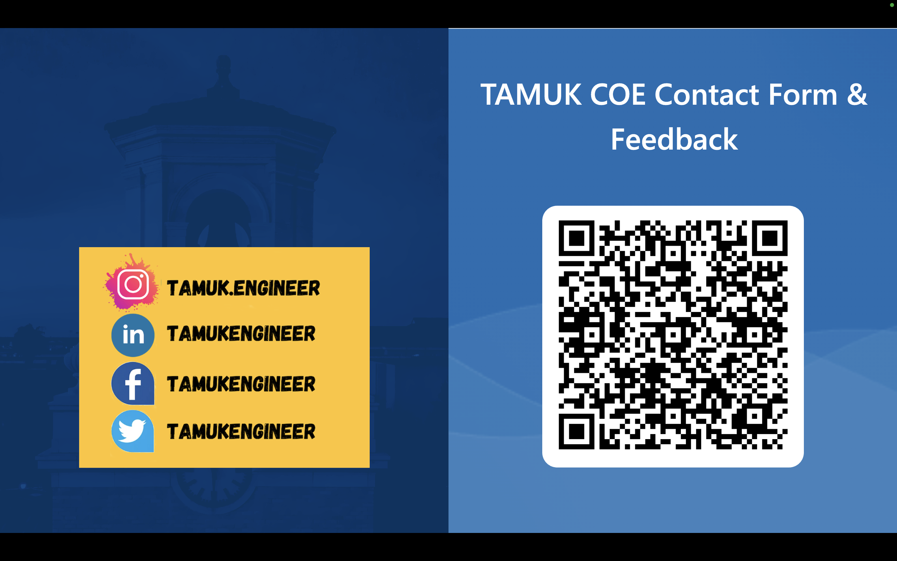 A graphic reads: TAMUK.ENGINEER. TAMUKENGINEER. TAMUKENGINEER. TAMUKENGINEER. TAMUK COE Contact Form & Feedback. 