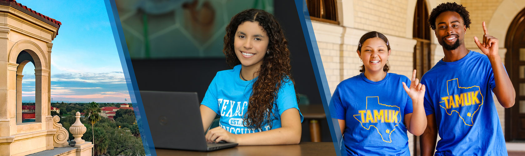Collage photo with the TAMUK belltower, a student on a laptop, and two students making the J-sign