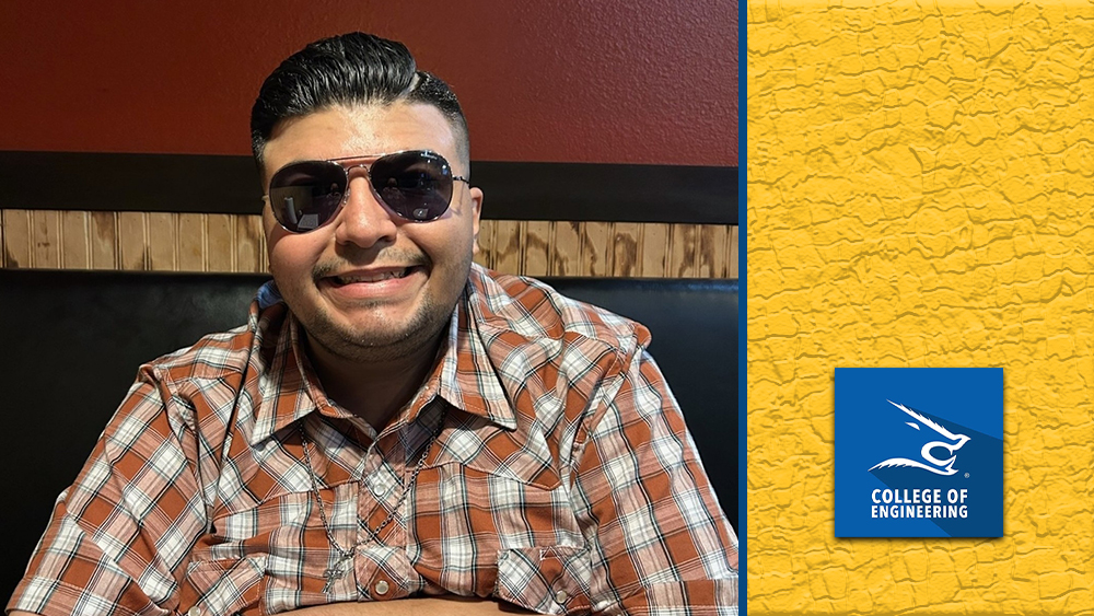 Alonso Jimenez, wearing sunglasses and a plaid shirt, smiles while seated in a restaurant booth with a red and wood-paneled background. College of Engineering branding appears on the right.