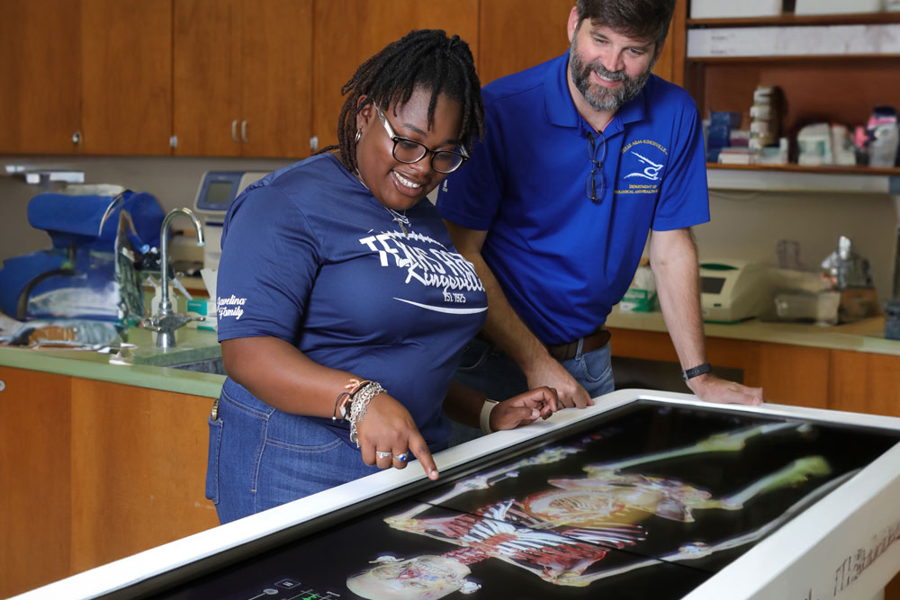 Student and professor looking at Human Anatomy on a digital screen