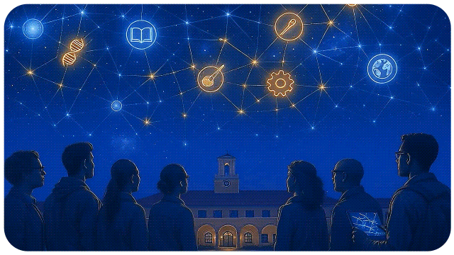 Students near College Hall with stylized AI symbols in the sky