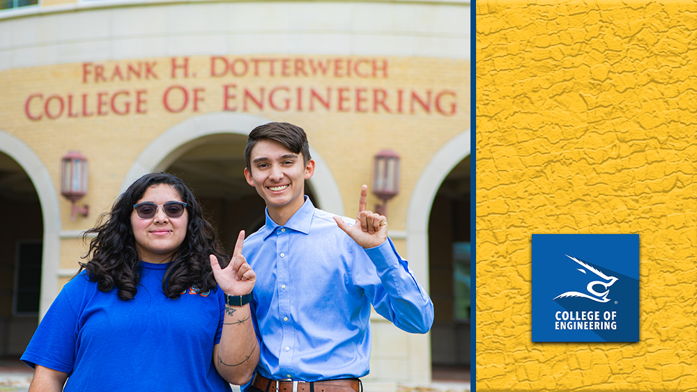 Mackenzie Contreras and Marc Cantu form the letter “J” with their left hands. In the background, words on a building read: Frank H. Dotterweich College of Engineering. A graphic with a College of Engineering logo.