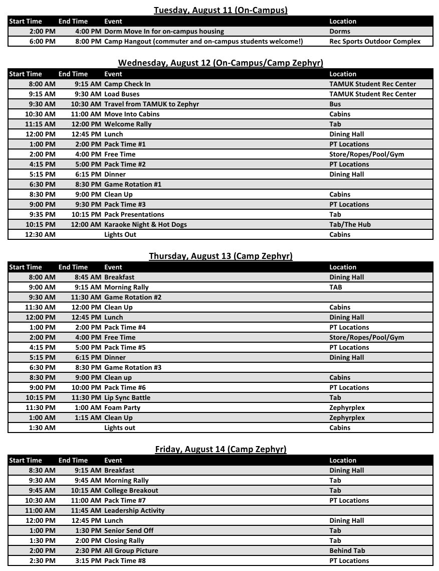 Camp schedule example.