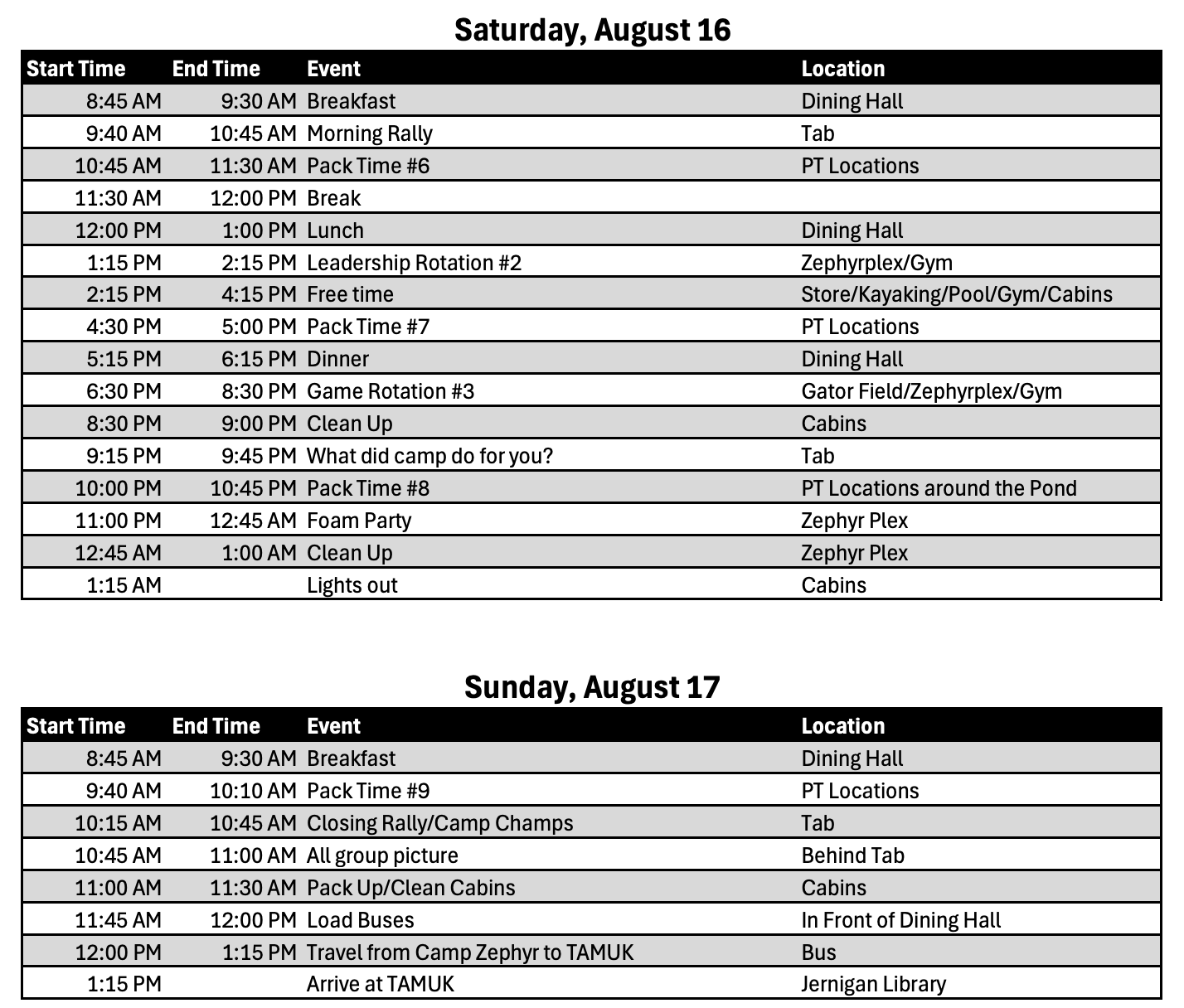 Saturday and Sunday Schedule