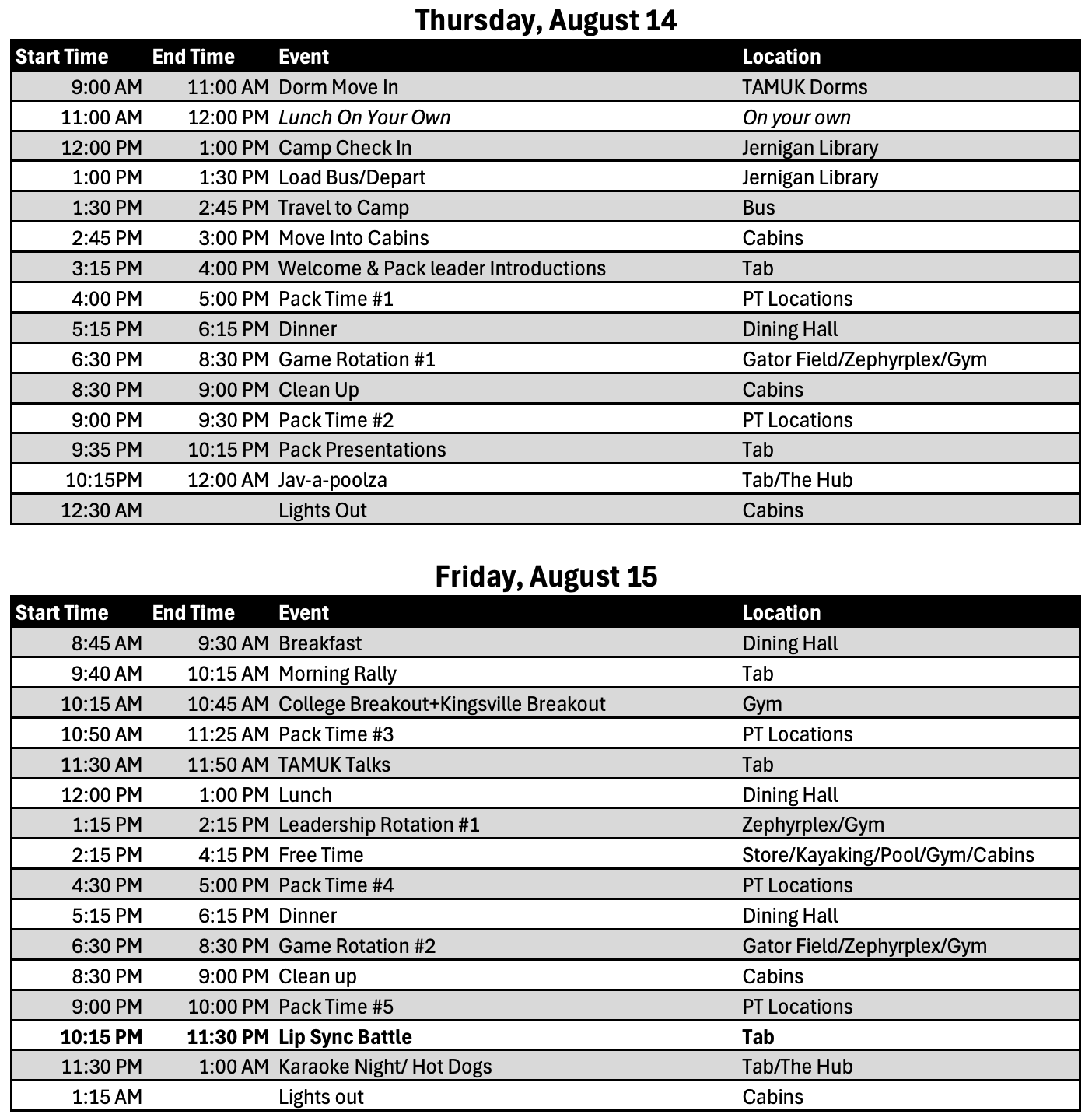 Thursday and Friday Schedule