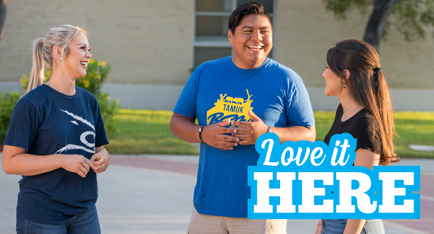 Three students socializing with text that reads Love it Here