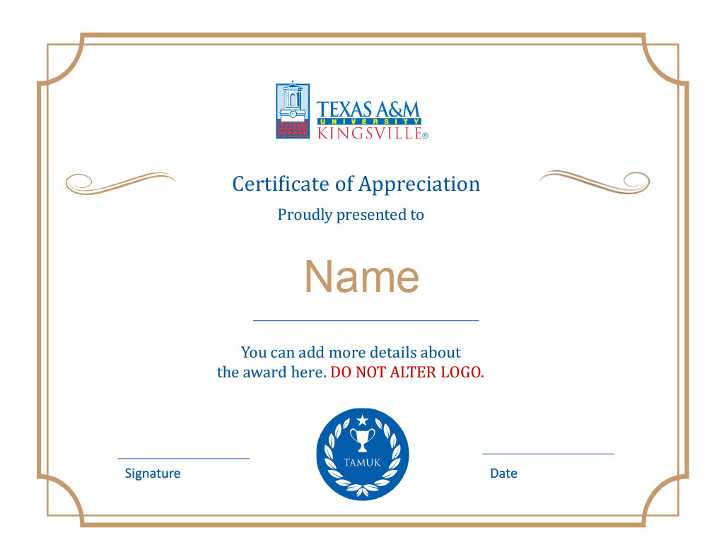 TAMUK Award Certificate