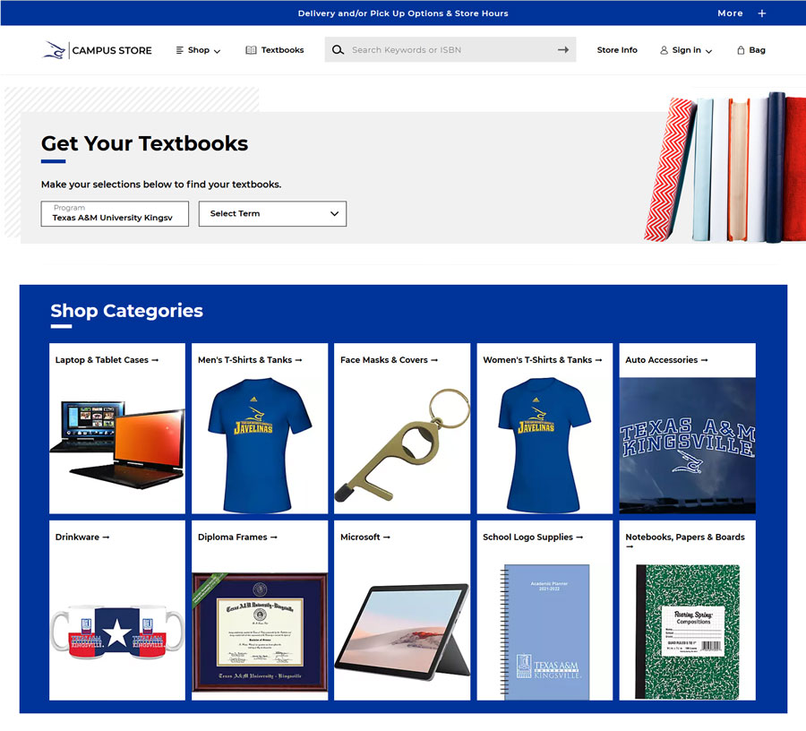 Bookstore Website Screenshot showing textbook and merchandise categories