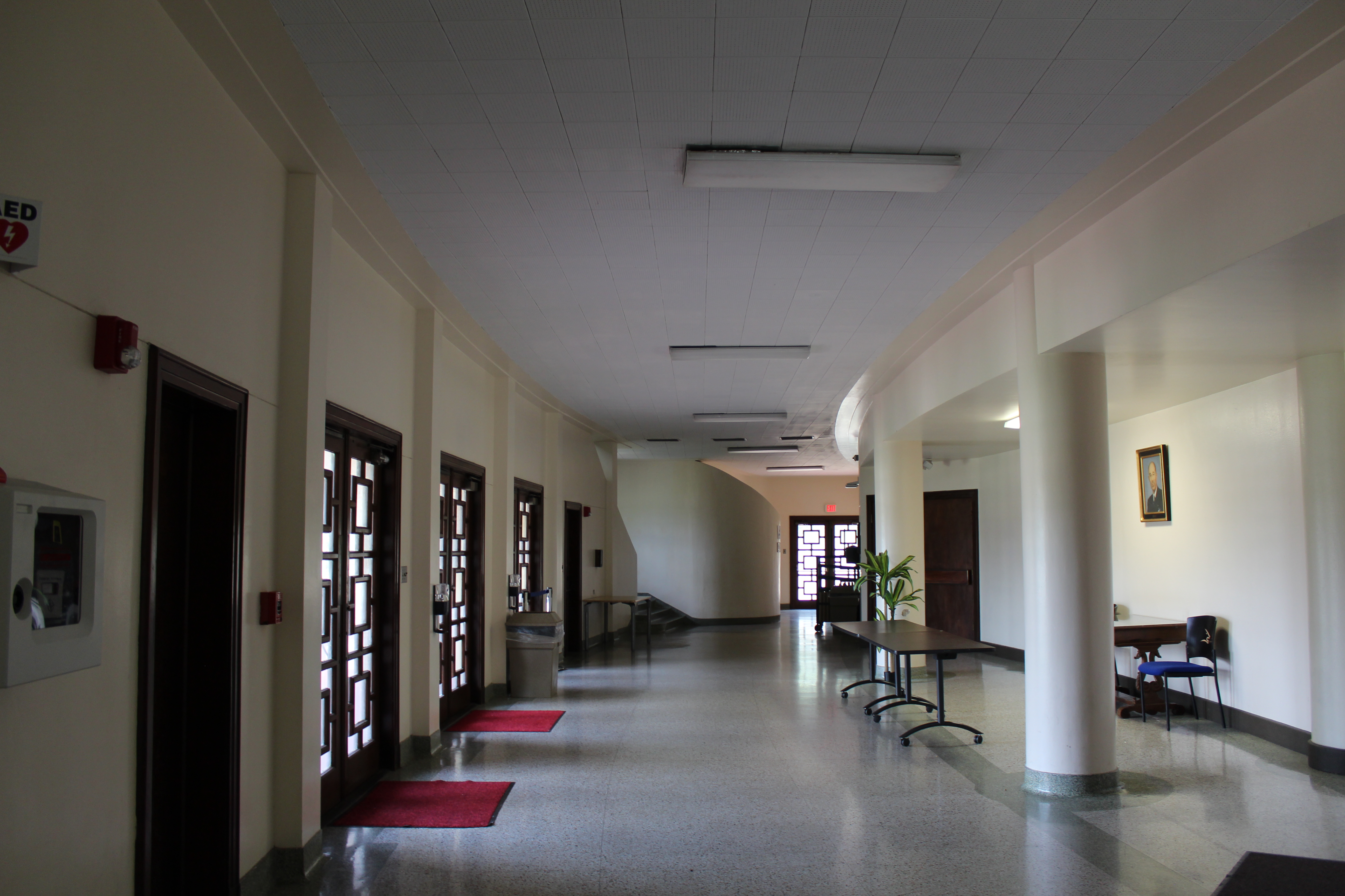 The empty lobby of Jones Auditorium.