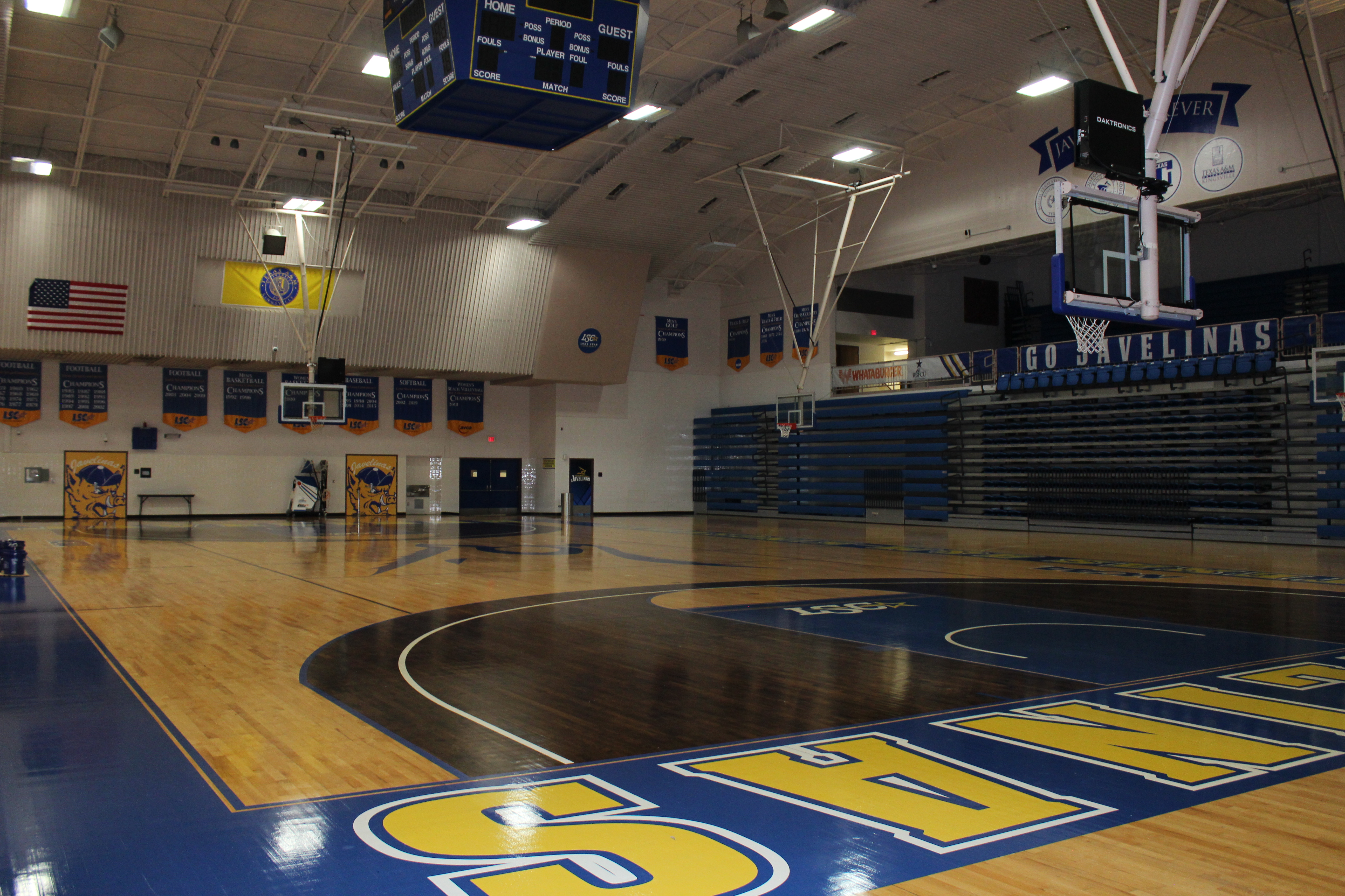 The SPEC Hampton Basketball Court, with ground level and mezzanine level retractable bleachers.