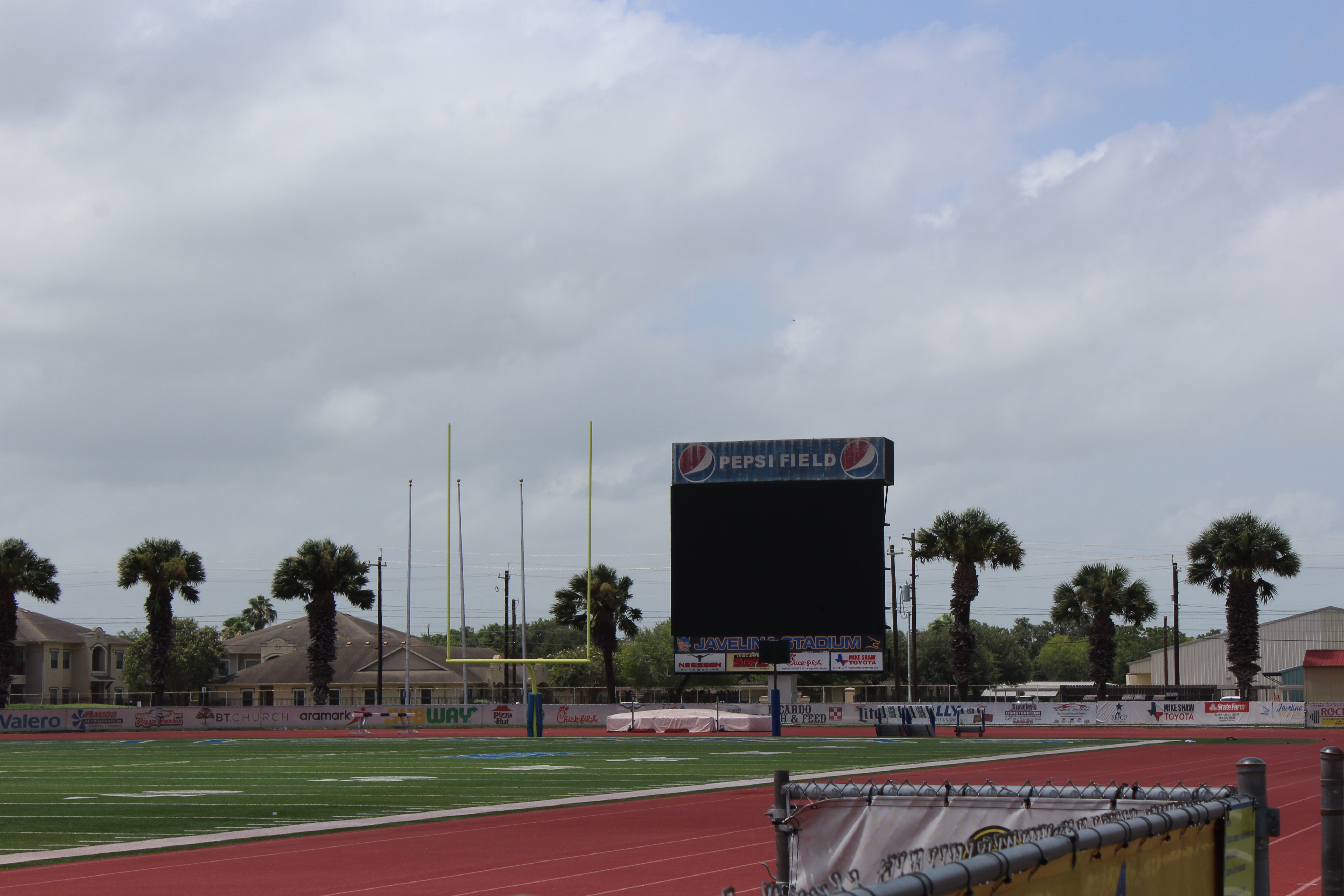 An image of one end of the field, where the scoreboard stands.
