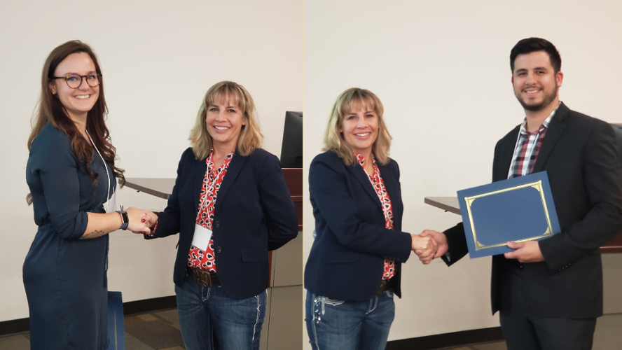Pictured Left: Shae Diehl accepts her awards from Dr. Michelle Garcia, President of the Subtropical Agriculture and Environments Society. Pictured Right: Alvaro Garcia receives his award from Dr. Michelle Garcia, President of the Subtropical Agriculture and Environments Society.