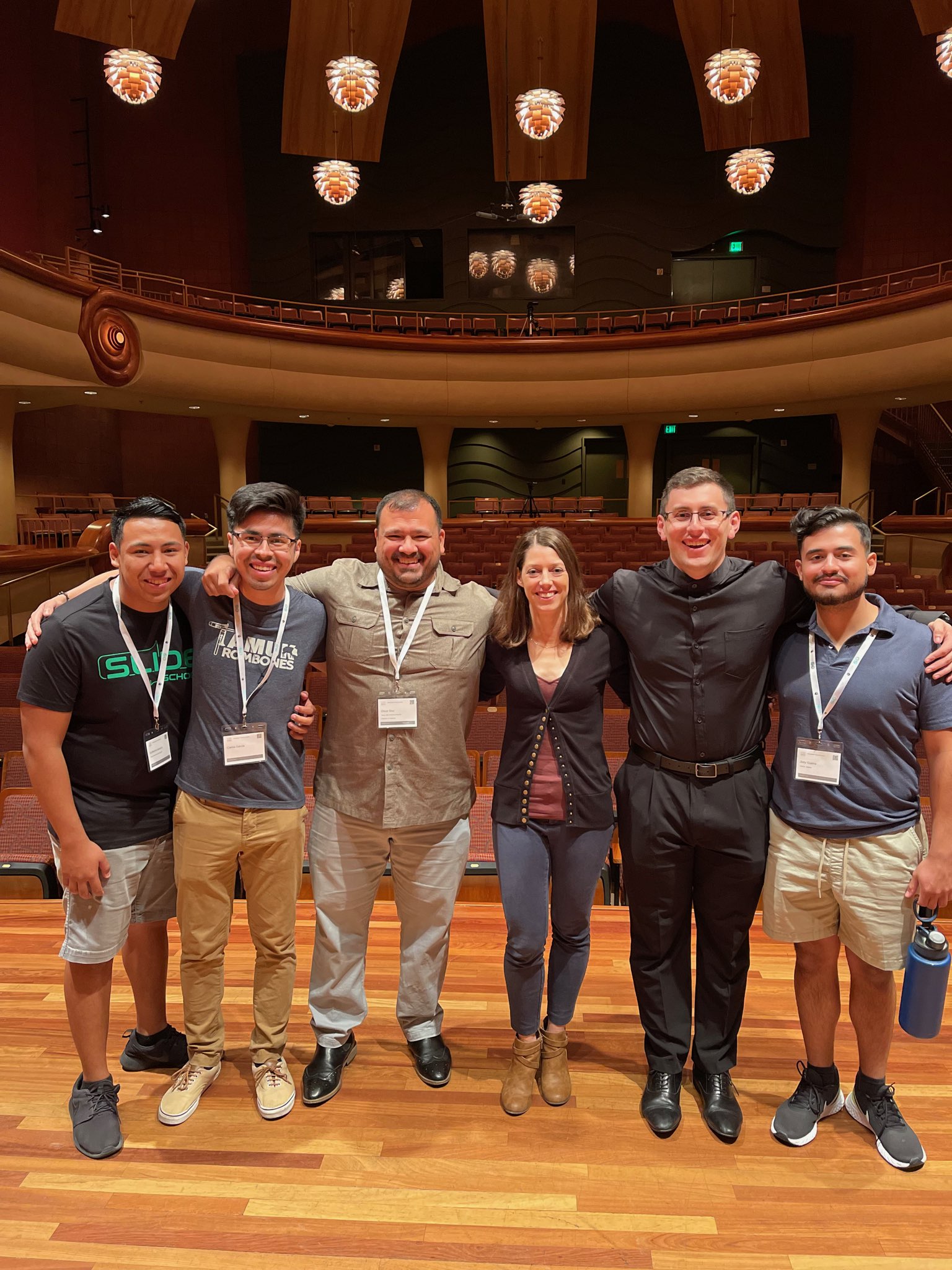 Texas A&M University-Kingsville’s School of Music trombone quartet stands on stage at the International Trombone Festival at Columbus State University in Georgia. From left to right: Guillermo Navarro, Carlos D. García, Dr. Óscar Diaz, Dr. Megan Boutin, Eden Garza and José Guerra.