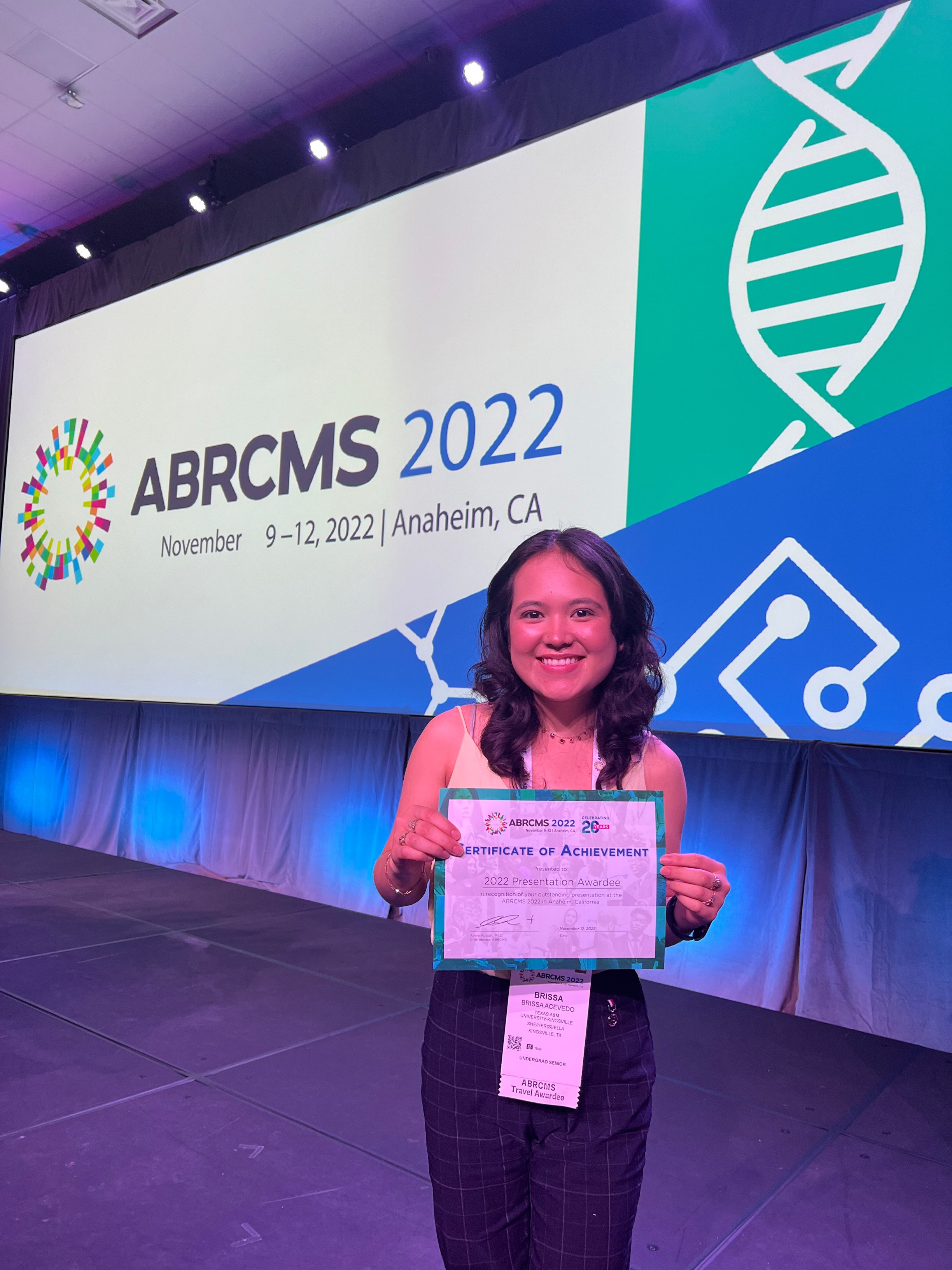 TAMUK senior and McNair scholar Brissa Acevedo was honored for her research presentation at the 2022 ABRCMS conference.