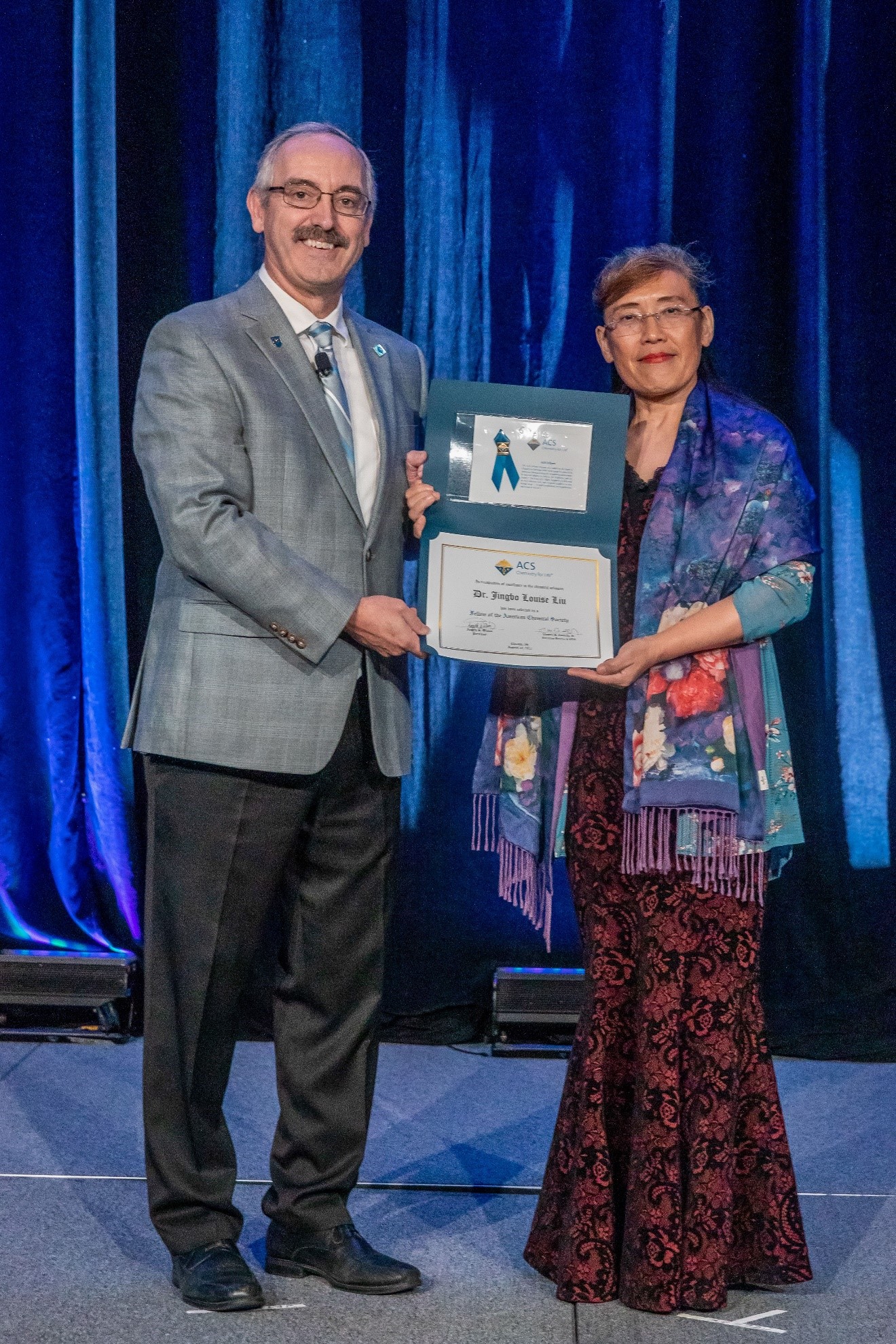Dr. Jingbo Louise Liu, right, is presented her award by Dr. Wayne E. Jones Jr., Director at Large from the Board of Directors of the American Chemical Society.