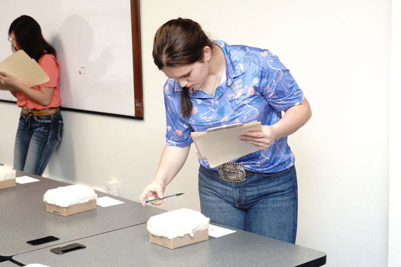 Female student in blue shirt and jeans with a belt buckle hold a folder and clipboard while inspecting a cotton sample.