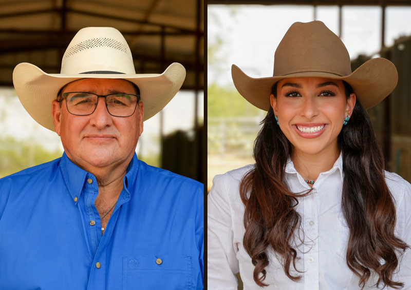 Theo and Victoria Vela side by side headshots wearing cowboy hats