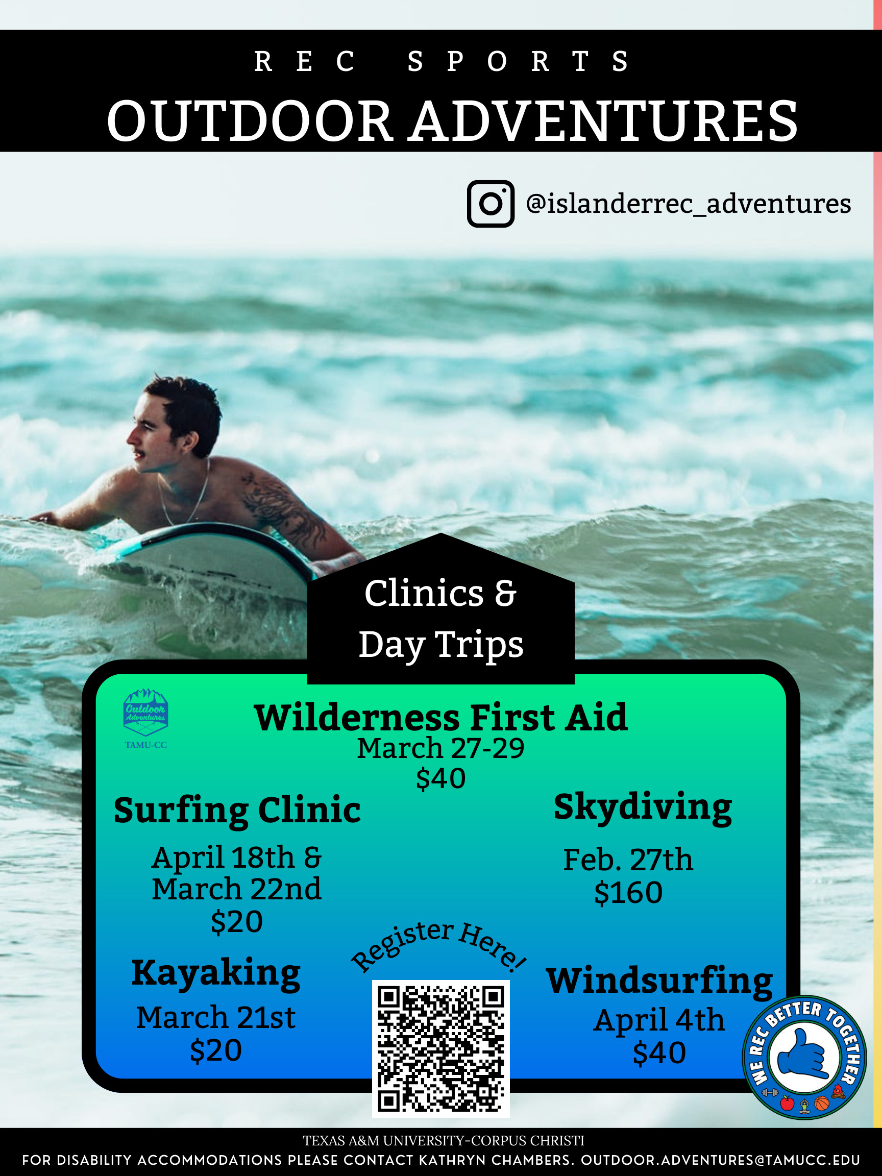 Texas A&M University-Corpus Christi flyer. Image of Big Bend National Park with a sunny sky, rock formations, and cactus.