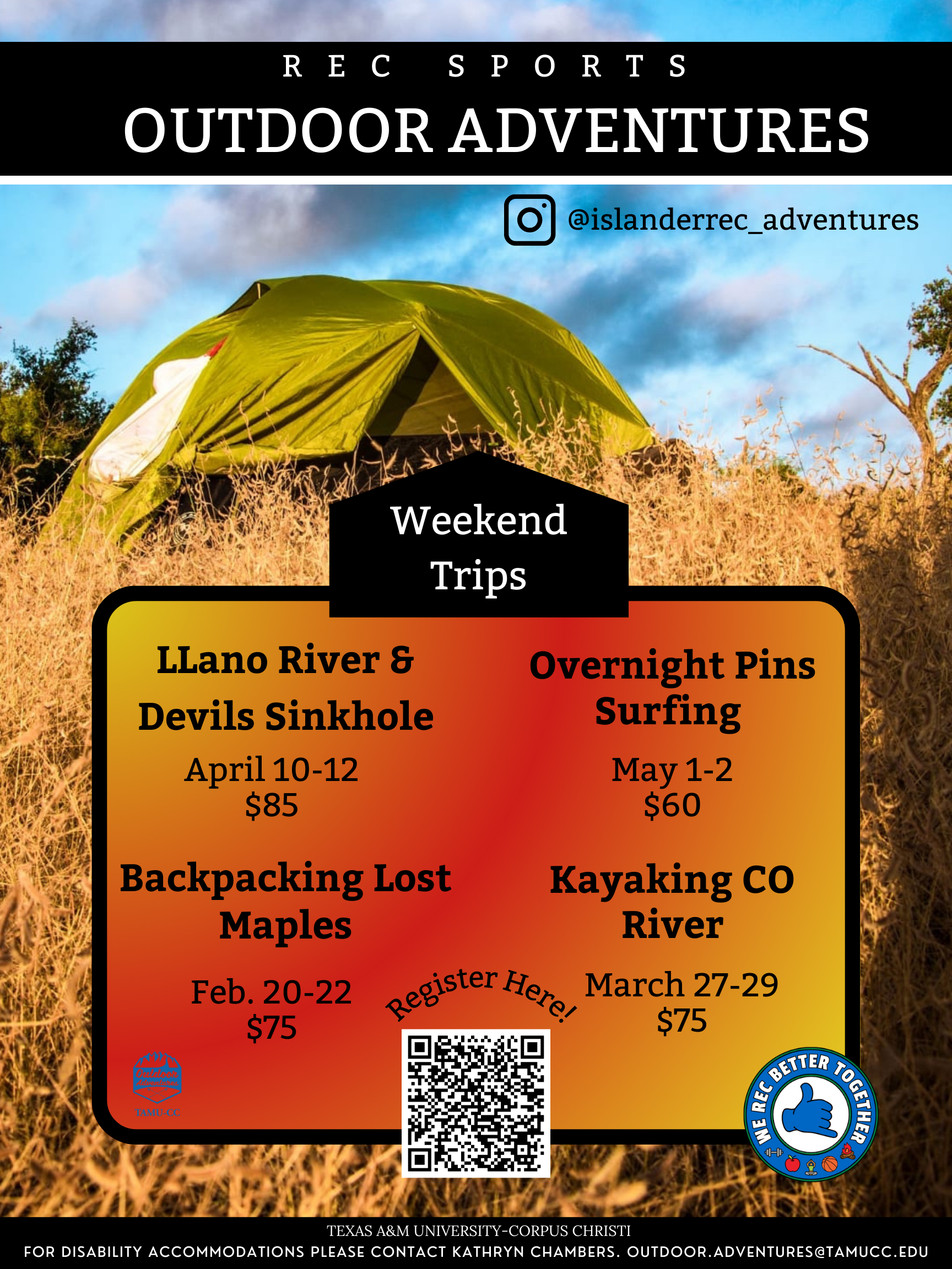 Texas A&M University-Corpus Christi Flyer for Trekking Seminole Canyon State Park. Image of a grassy and rocky canyon with water flowing through the middle.