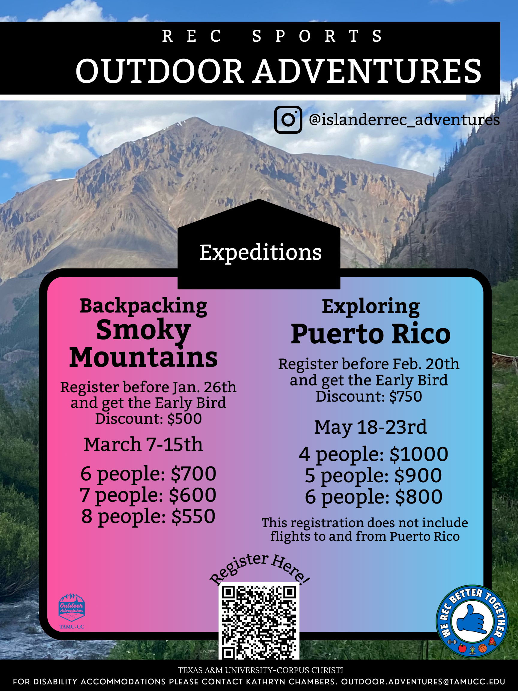 Texas A&M University-Corpus Christi Outdoor Adventures flyer. Image of waterfall and river surrounded by rocks and trees.