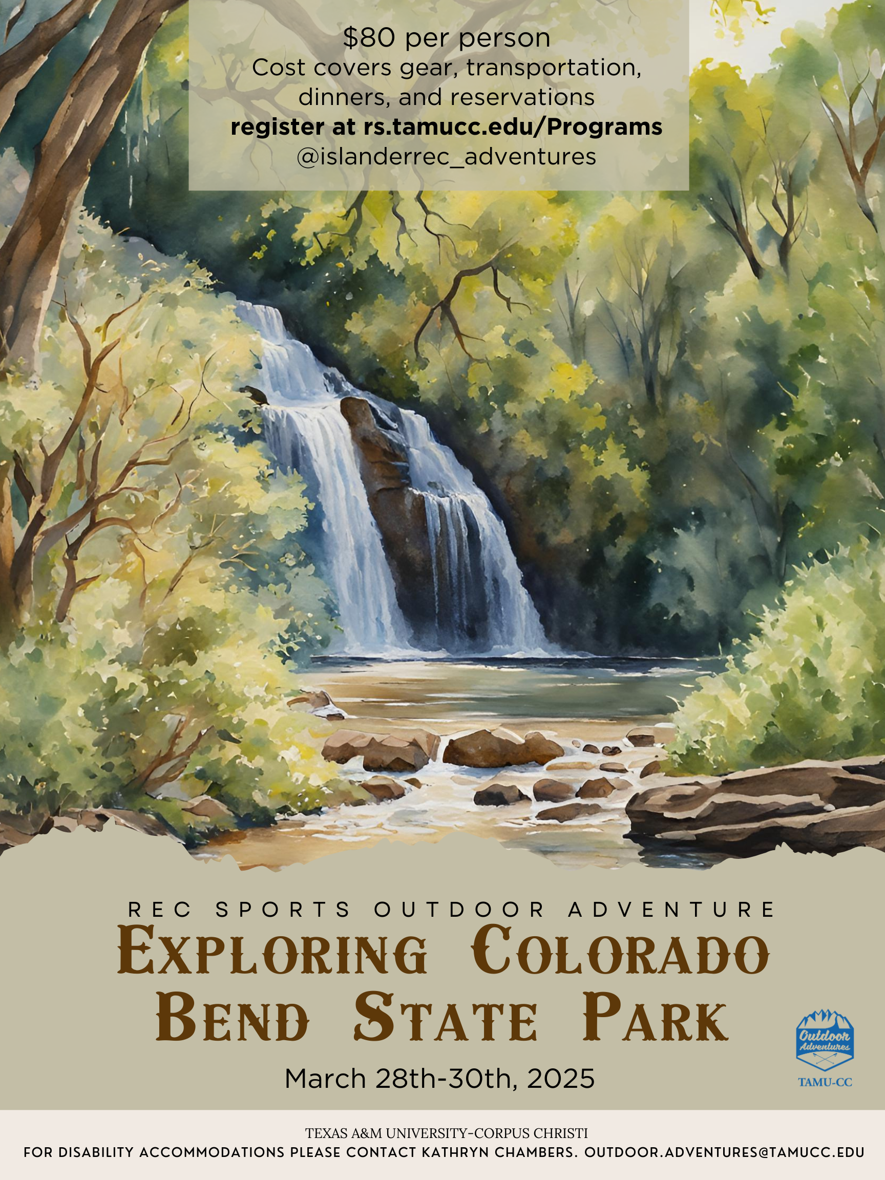 Texas A&M University-Corpus Christi Outdoor Adventures flyer. Image of waterfall and river surrounded by rocks and trees.