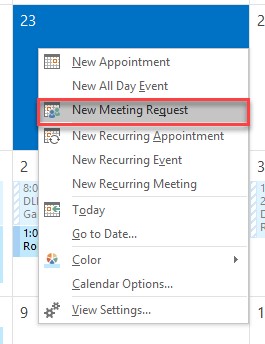 New Meeting request option in Outlook calendar.