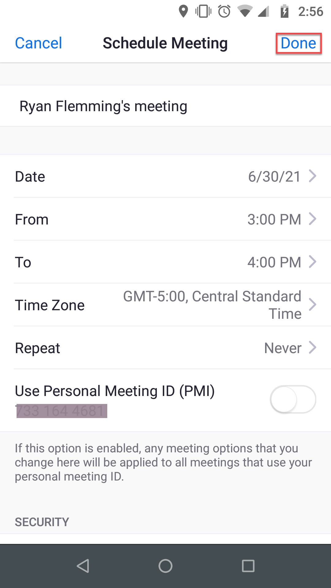 Phone screen with an example meeting scheduled and Done button highlighted.
