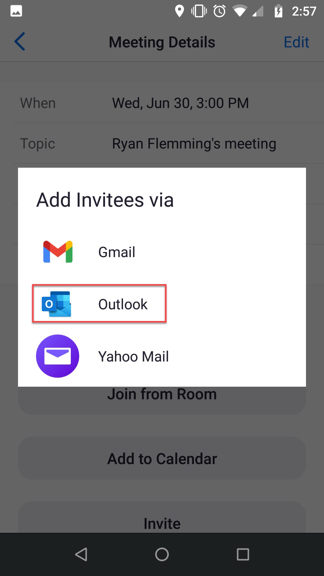 Add attendees via Gmail, Outlook, Yahoo Mail window.