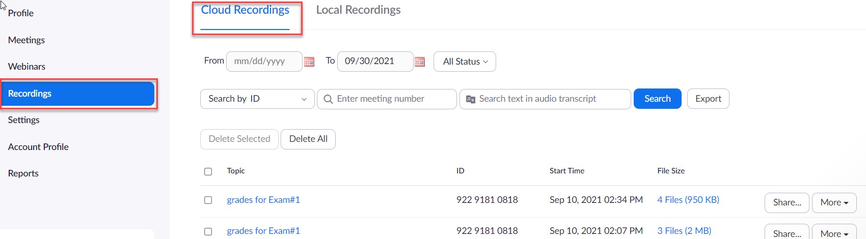 Recording tab, Cloud Recordings, list of meetings up to Sept.30, 2021, two visible records are Grades for Exam#1