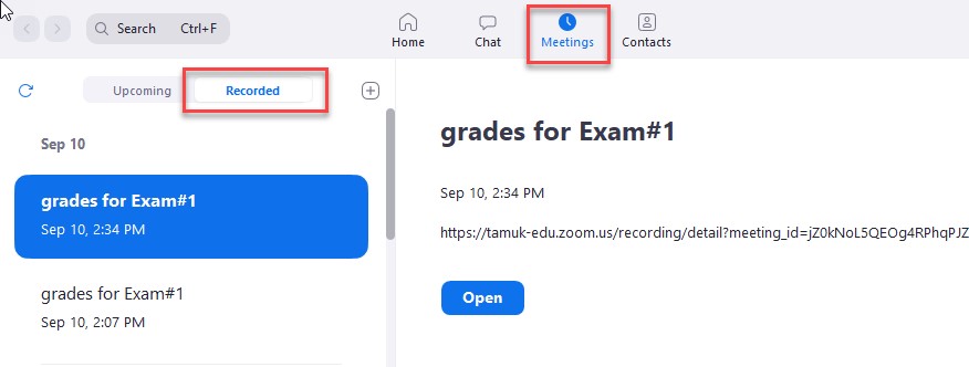 Meetings tab, Recorded, two visible records are Grades for Exam#1, both from Sept 10, one is chosen, has a zoom link displayed and Open button