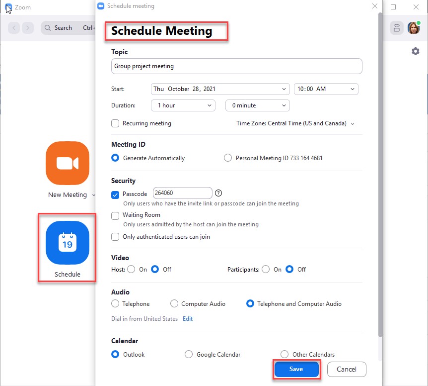 Zoom client window at the background. Schedule Meeting window open at front.