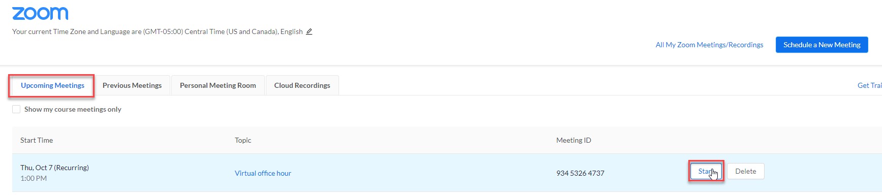 Zoom Meeting area of the course with Upcoming Meetings tab is open. One meeting is visible - Virtual Office Hour - with Start and Delete buttons at the right hand side from it.