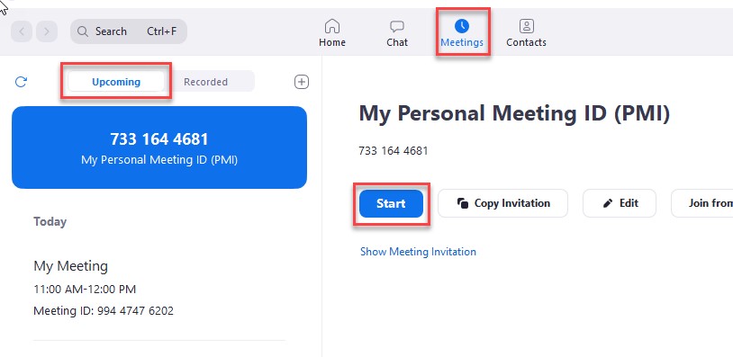 Zoom client is open on Meetings tab, Upcoming tab is highlighted and a meeting scheduled for today at 11:00 am is displayed in the Upcoming meetings. The same meeting is displayed at the right part of the screen with the Start button highlighted.