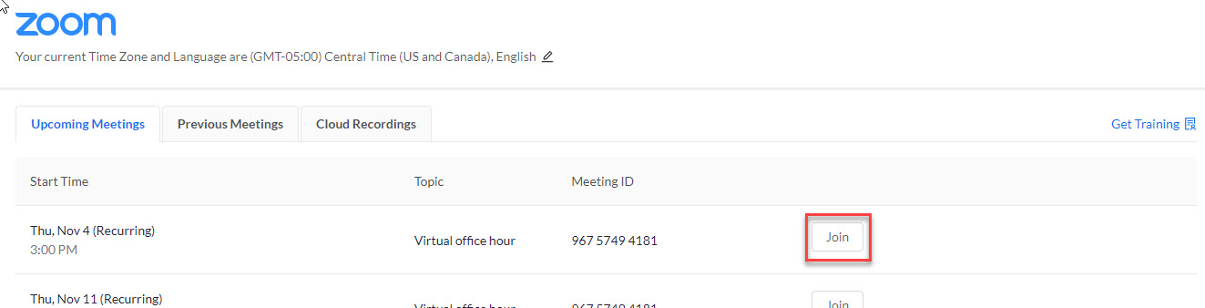 Zoom Meeting area of the course, the first row under Upcoming Meetings displays Virtual Office Hour scheduled for Nov. 4, 3:00pm. Join button to the right of the meeting is highlighted