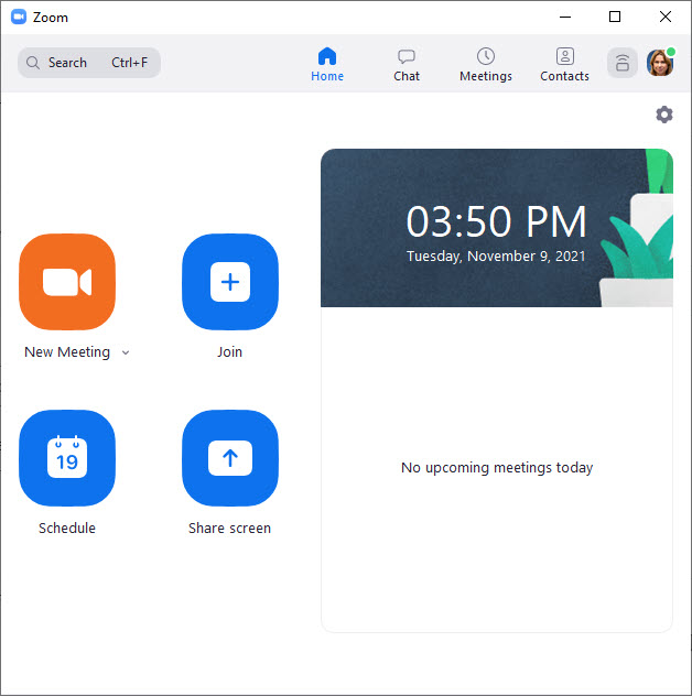 Zoom Client opened on Home tab, Meetins and Contacts tabs are closed. New meeting, Join, Schedule and Share screen are visible on Home tab