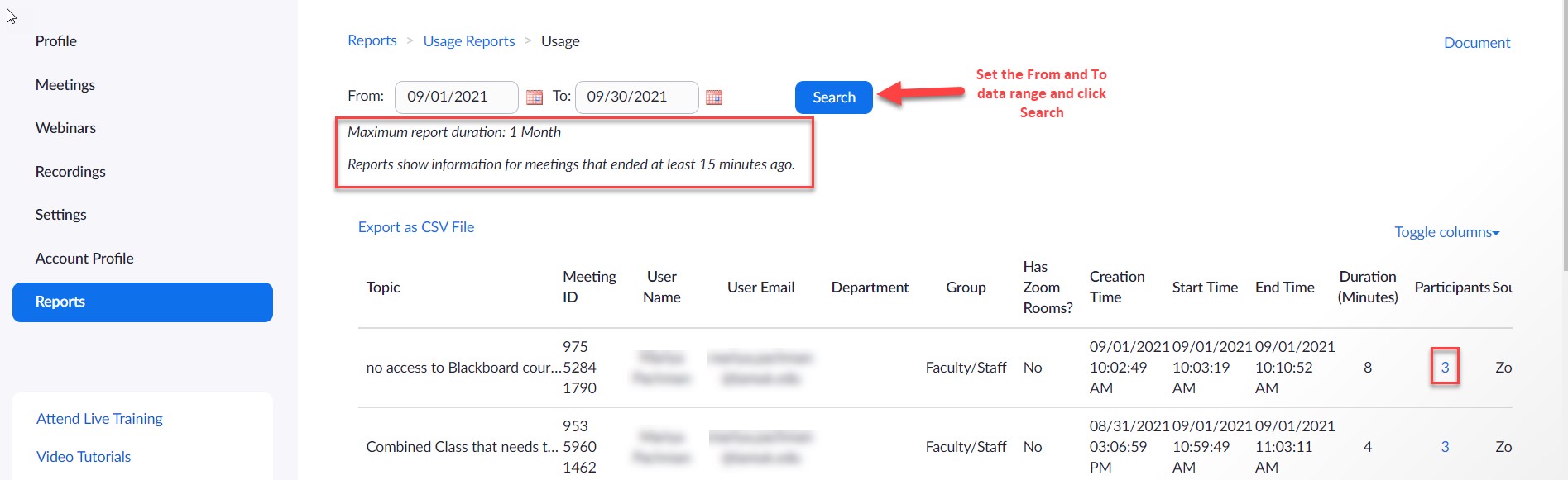 Reports page is open, Usage reports option is chosen. Data range is set to the month of September. Several reports are visible within the chosen data range. The next to the last column to the right displays the number of Participants for each meeting and is clickable.