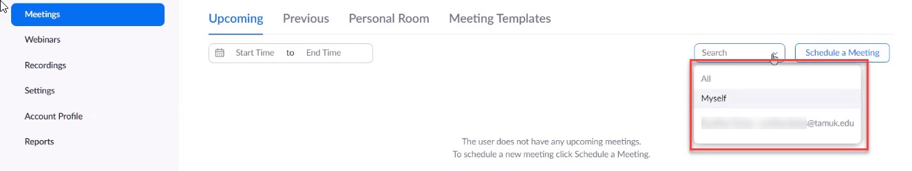 Meetings tab of Zoom profile is open on Upcoming meetings, Search menu to the left of Schedule a Meeting button is extended and includes All, Myself and a blurred email option.