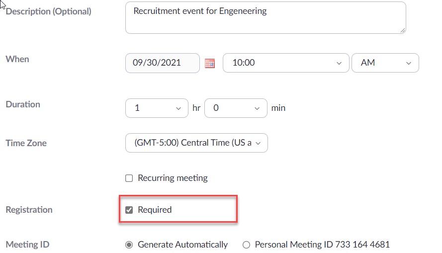 Schedule a meeting window open with When, Duration, Time Zone, Registration, Meeting ID options available. Registration checkbox is checked.