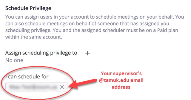 Schedule privilege part of Settings with a blured email address under *I can schedule for* and an explanation that TAMUK email address of the person on whose behalf the scheduling occurs should be displayed in this window