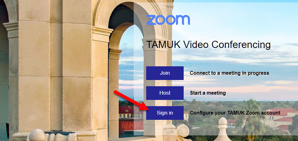Sign in button on Zoom TAMUK portal