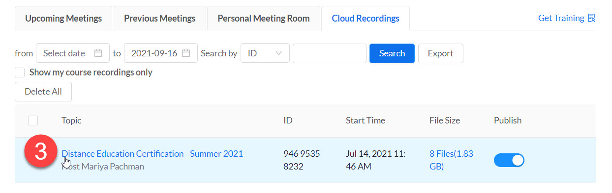 Zoom Meeting area of the course with the Cloud Tab being open the first record being highlighted