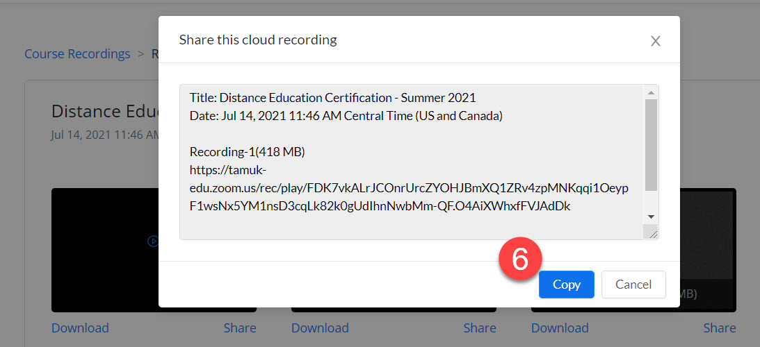 Share this cloud recording pop-up window with the date, size and the link to the recording and Copy or Cancel buttons at the bottom of the window